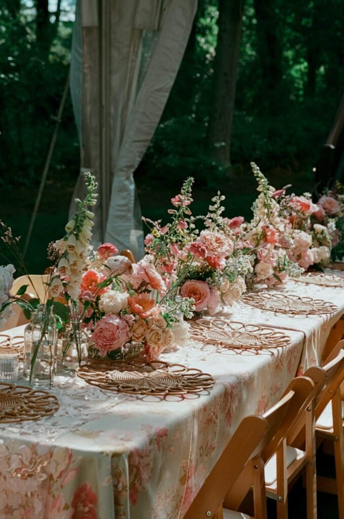 Reception tablescape with patterned linens and floral centerpieces at a Cape Cod backyard wedding