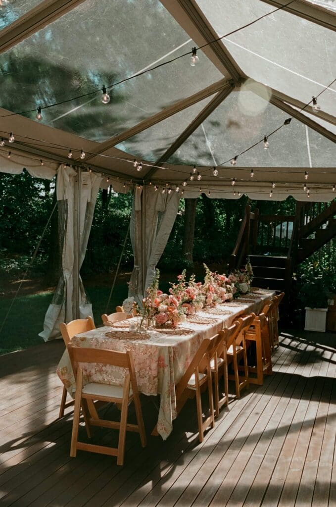 Intimate wedding reception on porch of microwedding on Cape Cod