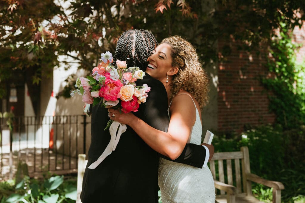 Groom seeing bride for the first time during a first look

