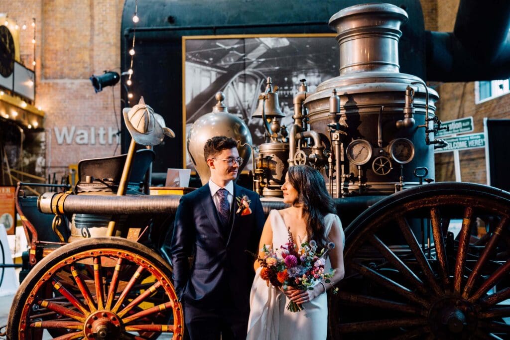 Bride and groom at museum during a Boston wedding